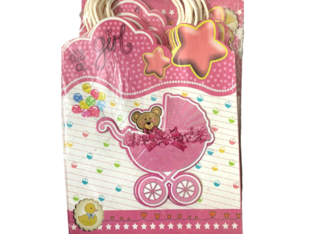 Baby Girl Pram Teddy Paper Bag (Pack of 10)